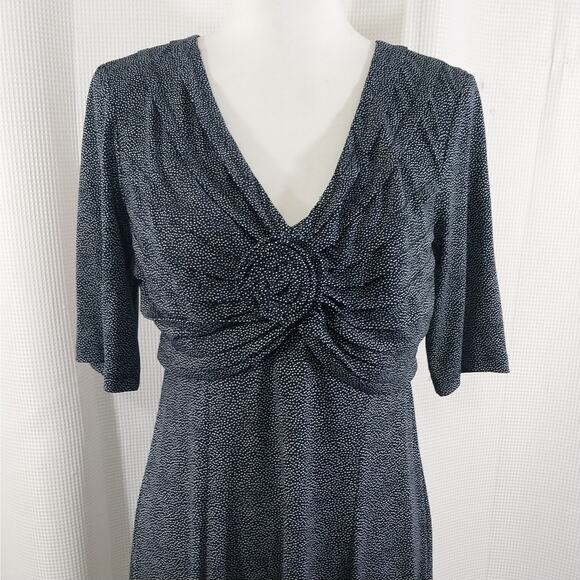 ROBBIE BEE! SIGNATURE NAVY BLUE & WHITE SPECKLED, ROSE BODICE DRESS! SZ M - Picture 3 of 11